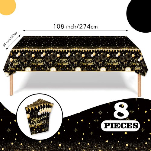ORNACELE 8PCS Happy New Year Tablecloth, Disposable Black Gold NYE Party Tablecloth Decorations, Rectangular Plastic Table Cover NYE Theme Party Supplies for Decorations, 108 x 54”