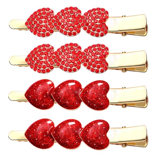 4PCS Valentine's Day Heart Hair Clips for Women Girls Rhinestone Heart Hairpins Glitter Heart Barrettes Enamel Heart Hair Accessory Valentine's Day Gifts for Girlfriends Women