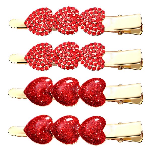 4PCS Valentine's Day Heart Hair Clips for Women Girls Rhinestone Heart Hairpins Glitter Heart Barrettes Enamel Heart Hair Accessory Valentine's Day Gifts for Girlfriends Women