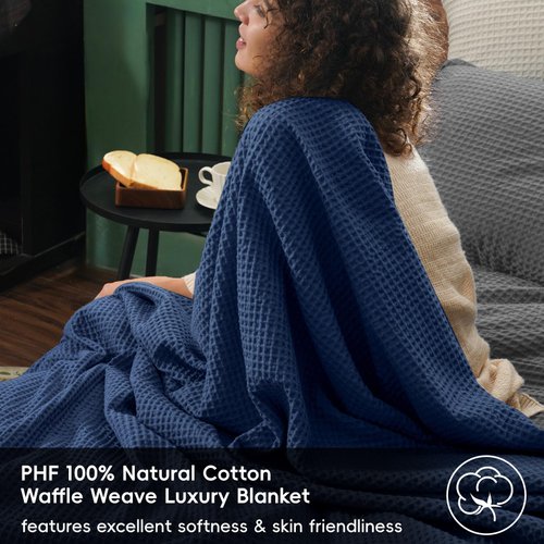 PHF 100% Cotton Waffle Weave Throw Blanket 50"x60"-Lightweight Washed Soft Breathable Blanket for Adults and Kids-Great Blanket Layer for Couch Bed Sofa-Elegant Home Decoration-Navy Blue/Bright Blue