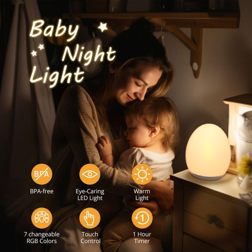 JolyWell Night Light for Kids, Egg Light for Nursery with 7 RGB Colors Changeable & Stepless Dimming, Rechargeable Tap Light with 1h Timer & Touch Control, Portable Night Light for Babies BPA Free