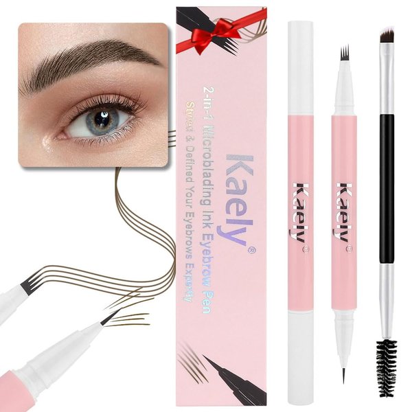 evpct 1Pcs Black Brown Magic Microblading Dual-Ended Eyebrow Contouring Pen Brow Pencil, with 4 Brush Micro-Fork-Tips Applicator and Precise Brush-Tip, Hair Like Strokes, with Dual-ended Eyebrow Brush