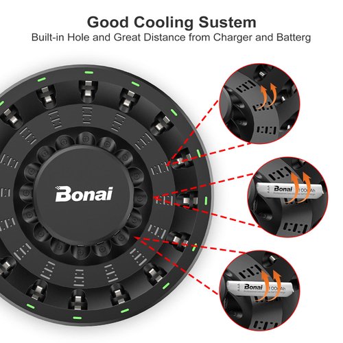 BONAI 16 Bay Rechargeable Battery Charger AA AAA Rechargeable Round Battery Charger for NiMH NiCD AA AAA Batteries with Smart LED Light and Plug High Speed Charging