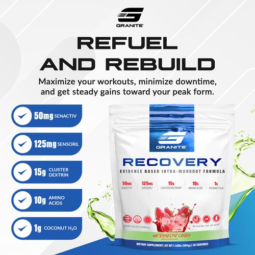 Granite Recovery for Intra & Post Workout |10g Aminos, Electrolytes, Cluster Dextrin for Muscle Recovery & Growth | Amino Acids Supplement with Sensoril | 20 Servings | Watermelon Flavor