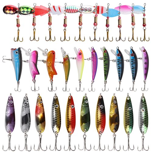 Fishing Lures Kit, 60pcs Tackle Box with Tackle Included Rooster Bait Tail Lures Spinner Baits Spoon Lures Hard Baits Crankbaits Topwater Lures Fishing Lures for Bass Trout Crappie Walleye Fishing