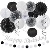 Black White Silver Birthday Party-decorations - 21pcs Boys Men Happy Banner,Paper Streamers Lanterns Honeycomb,Tissue Pom Poms Fan,Adult Supplies Decor 16th 20th 40th 45th 50th 60th Huglony