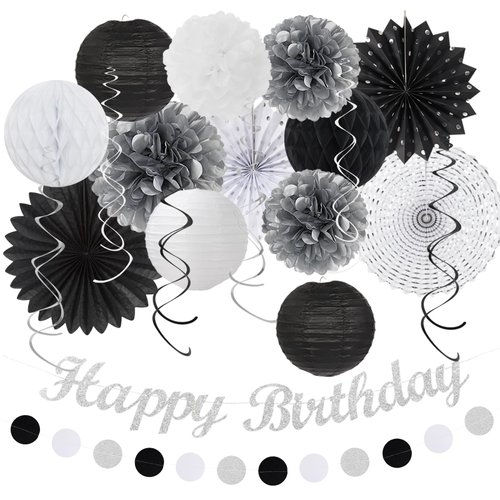 Black White Silver Birthday Party-decorations - 21pcs Boys Men Happy Banner,Paper Streamers Lanterns Honeycomb,Tissue Pom Poms Fan,Adult Supplies Decor 16th 20th 40th 45th 50th 60th Huglony