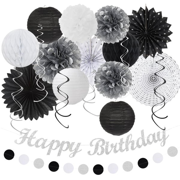 Black White Silver Birthday Party-decorations - 21pcs Boys Men Happy Banner,Paper Streamers Lanterns Honeycomb,Tissue Pom Poms Fan,Adult Supplies Decor 16th 20th 40th 45th 50th 60th Huglony