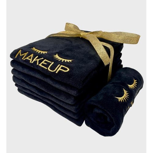 URBLUX Microfiber Makeup Remover Towel 12X12 Black/Gold 6PK;Soft Hypoallergenic Make Up Removal Wash Cloth, Embroidered Gold Silk Washcloth, Reusable Facial Cleansing Cloth