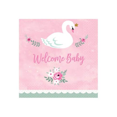 "Welcome Baby" Girl Baby Shower, Swan Beverage Napkins, 5" x 5", 16 Ct.