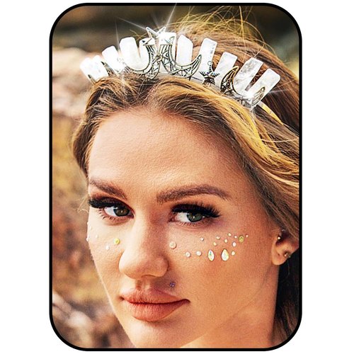 Formery Star White Quartz Headband Silver Crescent Moon Natural Stone Crown Hairband Halloween Cosplay Wedding Crystal Tiara Headpiece for Women