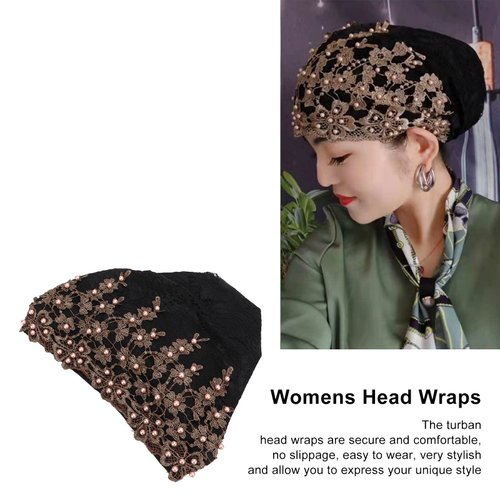 Fashion Hijabs for Women Muslim , Vintage Embroidered Muslim Turban Hat Soft Lace Material Beaded Fleece Hair Hat for Women Daily Use and Gift (black) , Turban heads Wraps