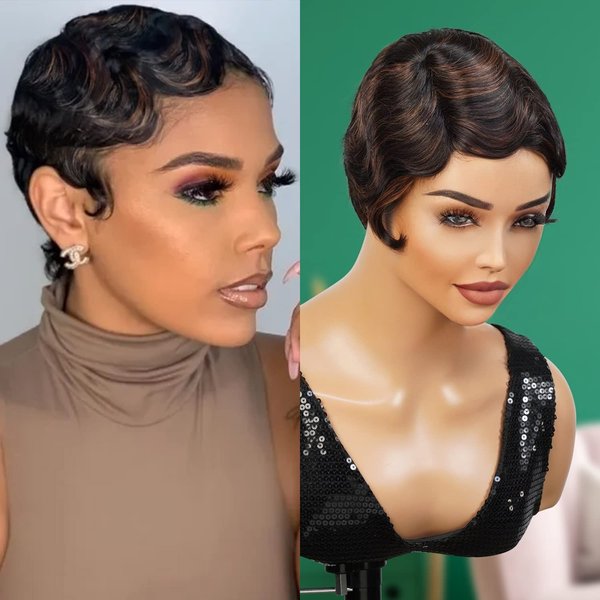 INSTANT FAB Finger Wave Human Hair Wigs for Black Women Short Curly Remi Human Hair Wig Pixie Cut Wigs Nuna Wigs Non Lace Front Wigs (FS1B/30)