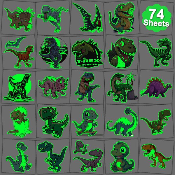 CHARLENT Glow in The Dark Dinosaur Temporary Tattoos for Kids - 74 Individually Sheets Luminous Dinosaur Tattoos for Boys Birthday Party Favors Goodie Bag Fillers