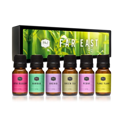P&J Fragrance Oil Far East Set - Green Tea, Lotus Blossom, Orchid, Bamboo, and Peony Scents for Candle, Soap & Diffuser Oil Making