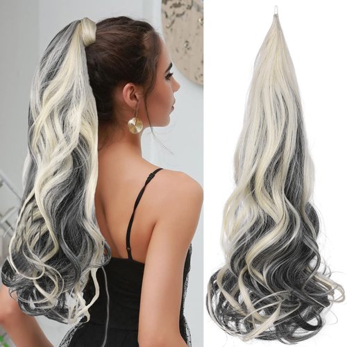 Sintario 30 Inch Flexible Wrap Around Ponytail Extension Long Black Mix Blonde Ponytail Hair Extensions Curly Wave Synthetic Ponytails Hairpiece for Women Daily Use (4/88#)