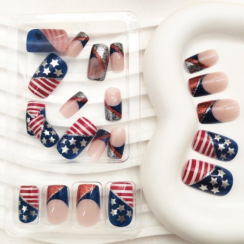 4th of July Press on Nails Short Square Independence Day American Flag Fake Nails with Star Glitter Red Blue Glossy False Nails Press ons Bling Reusable Acrylic Nails Stick on Nails for Women 24 Pcs