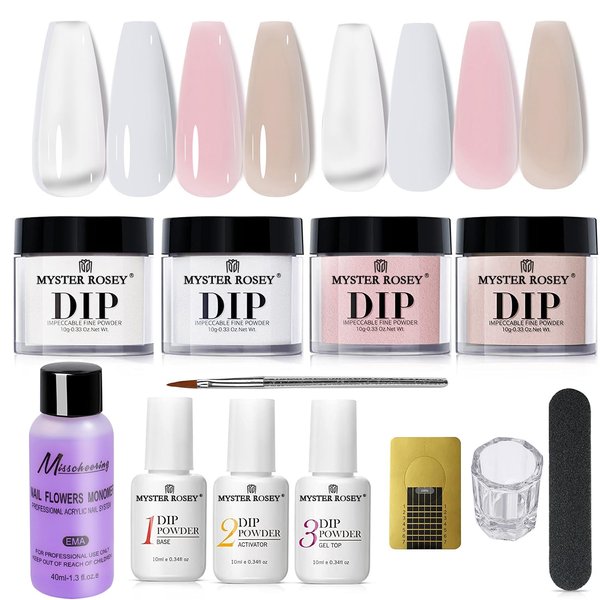 MYSTER ROSEY Dip Powder Nail Kit Starter, All Season Nude Skin Glitter 4 Colors Dipping Powder Liquid Set Recycling Tray with Base & Top Coat Activator for French Nail Art Manicure Salon DIY at Home
