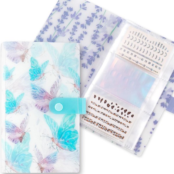 HINZIC 2PCS 240 Slots Flower Butterfly Nail Art Sticker Storage Books Purple Blue Wisteria Organizer Binders Transparent Collecting Album Photo DIY for Notebooks Diary Journal Planner