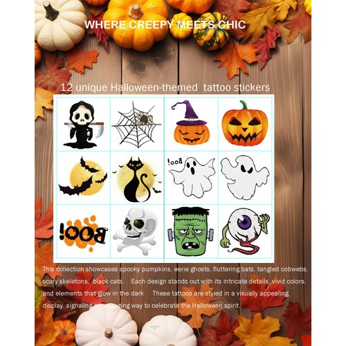Gibaniza Halloween Temporary Tattoos for Kids - 144 Pack, 2" Size, Pumpkin, Skull, Ghost, Monster Designs | Boys & Girls Halloween Party Favors, 12 Unique Designs