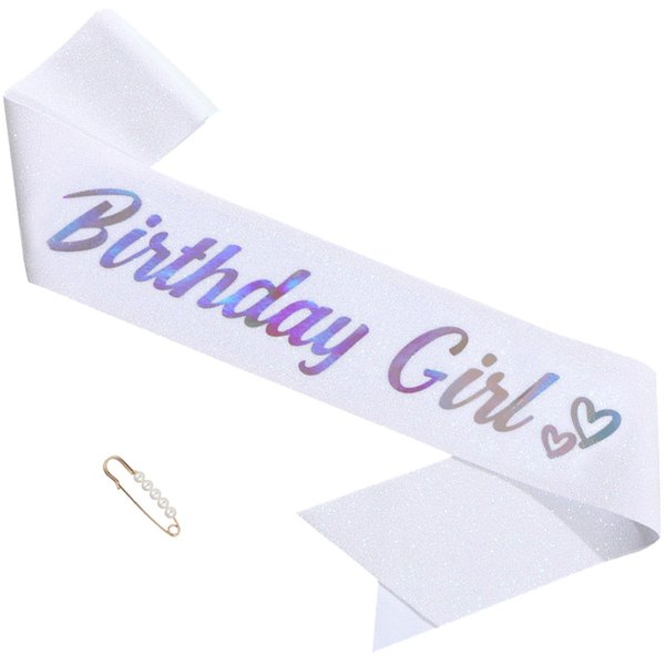 ZHBDPaty 'Birthday Girl' Sash White with Pearl Safety Pin - White Glitter Sash for Women - Happy Birthday Sash for Birthday Party