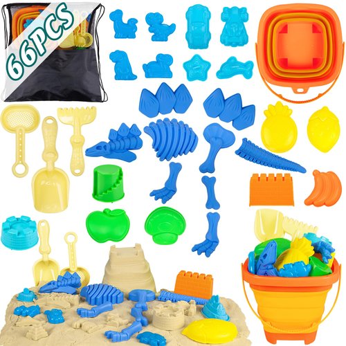 Maqiauly 66Pcs Beach Toys for Boys - Sand Dinosaur Set with Travel Bag Bucket Shovel for Kids Toddler Age 3-5