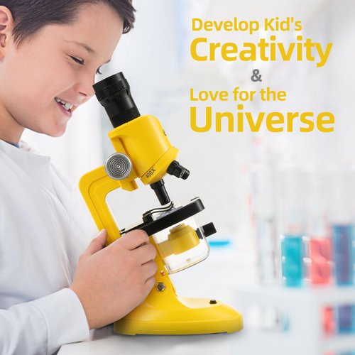 Science Kits for Kids Beginner Microscope with LED 100X 400X and 1200X-Include Sample Prepared Slides 12pc- Educational Toy Birthday Valentine's Day Gift Yellow