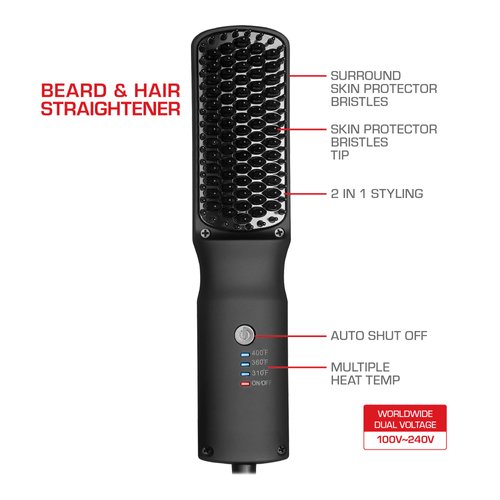Red by Kiss Beard & Hair Straightener, Secure Auto Shut-Off, 2 in 1 Heated Straightening Beard Brush 360 degree swivel cord Temperature Adjustable