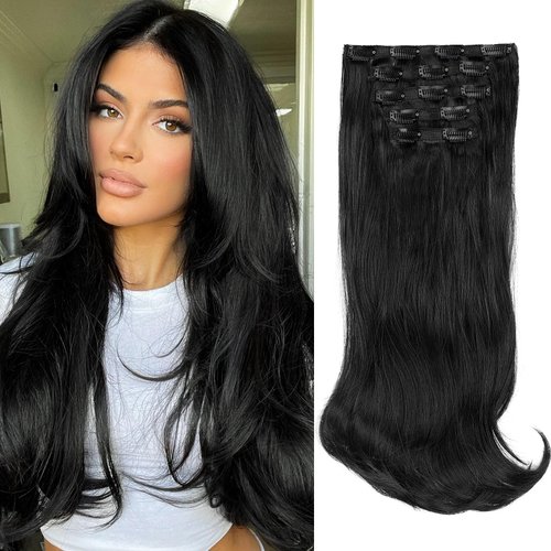 Lommel Clip in Hair Extensions,5PCS Black Hair Extensions 20 Inch Synthetic Thick Long Stright Layered Hair Extensions Invisible Lace Weft Hair Extensions for Women(Black)