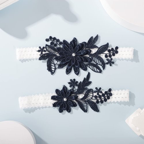 JWICOS Bride Wedding Lace Garters Stretch Flower Garter Set Bridal Garters Costume for Women and Girls (Navy Blue)