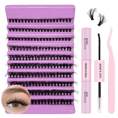 KMILRO Fluffy Lash Extension Kit 40D DIY Individual Lashes Clusters Kit with 8-16MM Cluster Eyelashes Lash Bond & Seal and Applicator Tools for Lash Extension Beginners