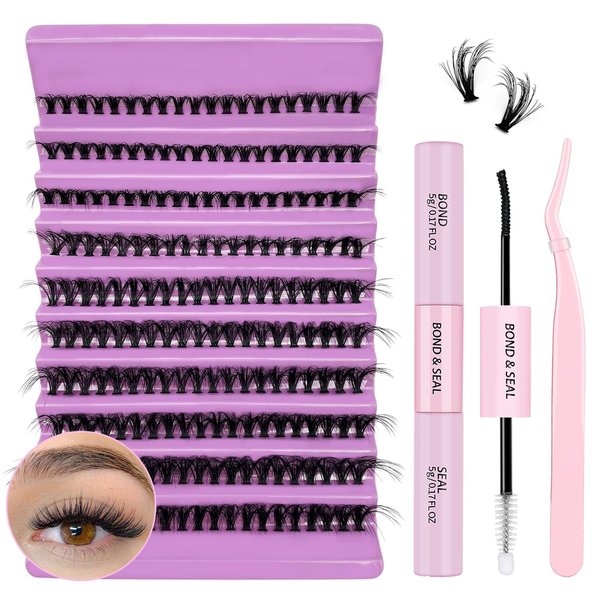 KMILRO Fluffy Lash Extension Kit 40D DIY Individual Lashes Clusters Kit with 8-16MM Cluster Eyelashes Lash Bond & Seal and Applicator Tools for Lash Extension Beginners