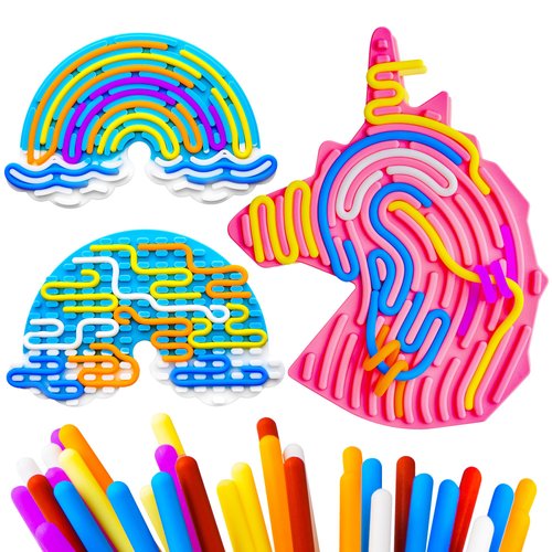 Unicorn Sensory Activity Board, 2PCS Silicone Fidget Toy for Kids Girls, ADHD Stress Toys, Calm Down Travel Airplane Essentials, 30+ Strings & More Colors Sensory Toys Game Controller for Kids 3+