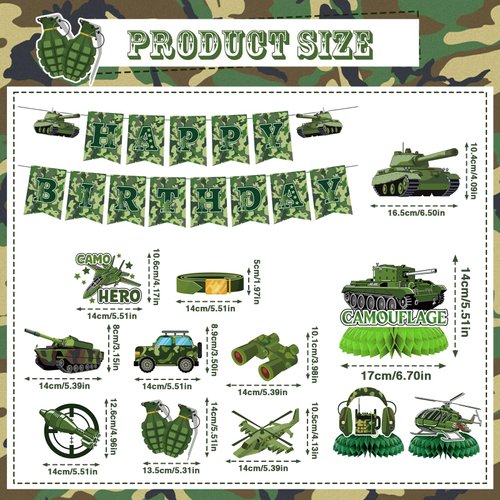 Joybileefun Army Birthday Party Decorations - 21PCS Camo Birthday Decorations with Banner Hanging Swirls Honeycomb Centerpieces for Tables Military Party Decorations for Boys Girls Party Supplies