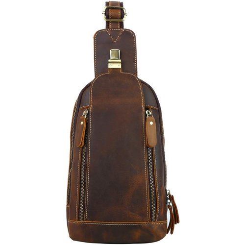 Leathario Men's Leather Sling Bag Genuine Leather Crossbody Chest Shoulder Bag for Men Brown,for Work Casual Travel