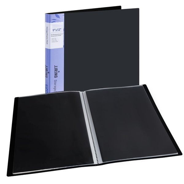 JJRING 9x12 Art Portfolio Folder with Plastic Sleeves, 24-Pocket Portfolio Binder Displaying 48 Pages, Presentation Book with Black Inner Paper for Artwork Storage, Black