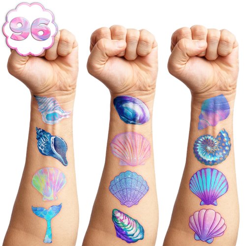 100 PCS Sea Shell Mermaid Birthday Party Decorations Favors Supplies Beach Ocean Seashells Decor Temporary Tattoos Stickers for Girls Boys Cute Gifts School Prizes Rewards