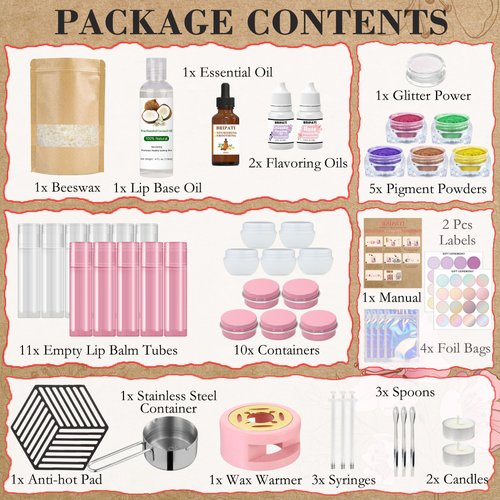 BRIPATI DIY Lip Balm Making Kit, Lip Balm Kit for Adults Lip Gloss Kit to Make Your Own Lip Balm with Natural Beeswax, Lip Base Oil, Essential Oil, Empty Lip Balm Tubes Jars, Moisturizing Lip Balm Kit