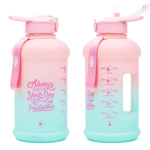 H2O Capsule INSPO Half Gallon Water Bottle with Time Marker and Straw Motivational Hydration Tracker Jug Big BPA-Free FoodSafe Leakproof Drinking Bottle Handle & Strap, Lotus Blossom
