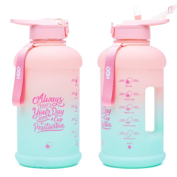 H2O Capsule INSPO Half Gallon Water Bottle with Time Marker and Straw Motivational Hydration Tracker Jug Big BPA-Free FoodSafe Leakproof Drinking Bottle Handle & Strap, Lotus Blossom