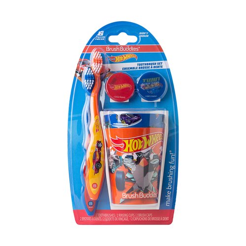 Brush Buddies Hot Wheels Kids Toothbrushes Kit, Manual Toothbrushes for Kids, Toothbrush for Toddlers 2-4 Years, Travel Toothbrush Kit with Covers and Cups, 6PC