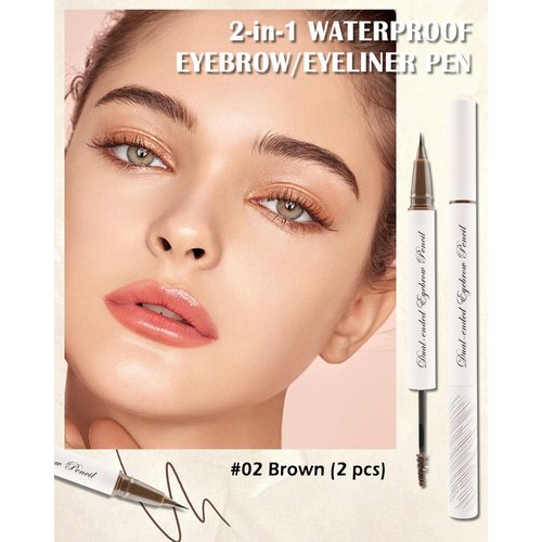 Brown Liquid Eyebrow Pen Tinted Brow Gel,2Pcs 2-in-1 Brow Glue & Microblading Liquid Eyebrow Eyeliner Pencil,Fast Sculpt Fill in Brow,Longlasting Waterproof Eye Makeup Pen,Eyebrow Filler for Women-02#