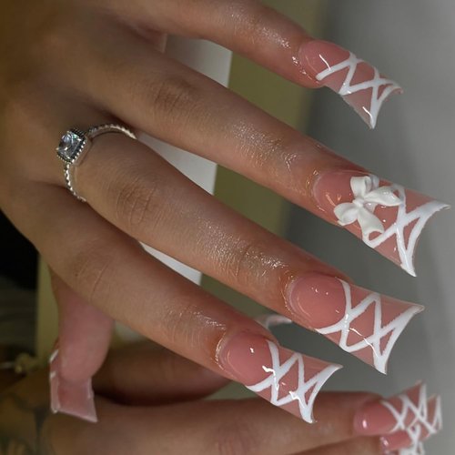Press on Nails Duck Shape 24Pcs Glossy Full Cover Acrylic Medium Pink False Nails with Bow Designs Artificial Reusable Fake Nails with Charm Glue ons Nails Stick on Fingernails for Women Girls