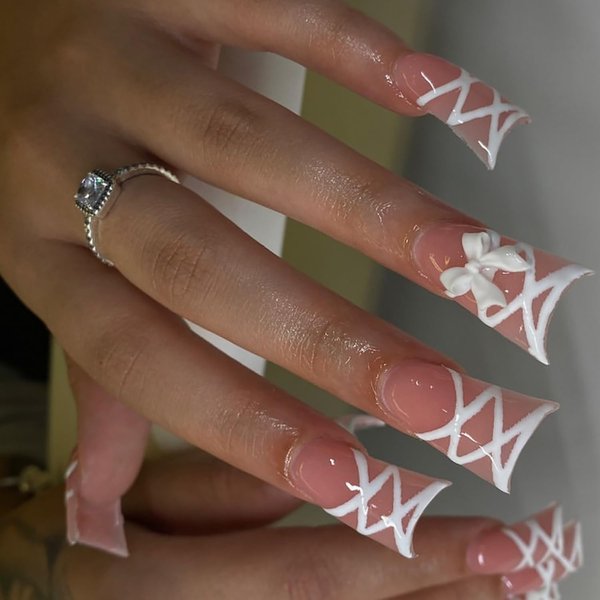 Press on Nails Duck Shape 24Pcs Glossy Full Cover Acrylic Medium Pink False Nails with Bow Designs Artificial Reusable Fake Nails with Charm Glue ons Nails Stick on Fingernails for Women Girls