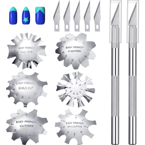 6 Pieces French Nail Trimmer Stainless Steel French Tip Cutters Smile Line Cutter Edge Manicure DIY Plate Module with 2 Handles French Tip Cutting Knife and 5 Spare Blades for Acrylic Nails (Silver)