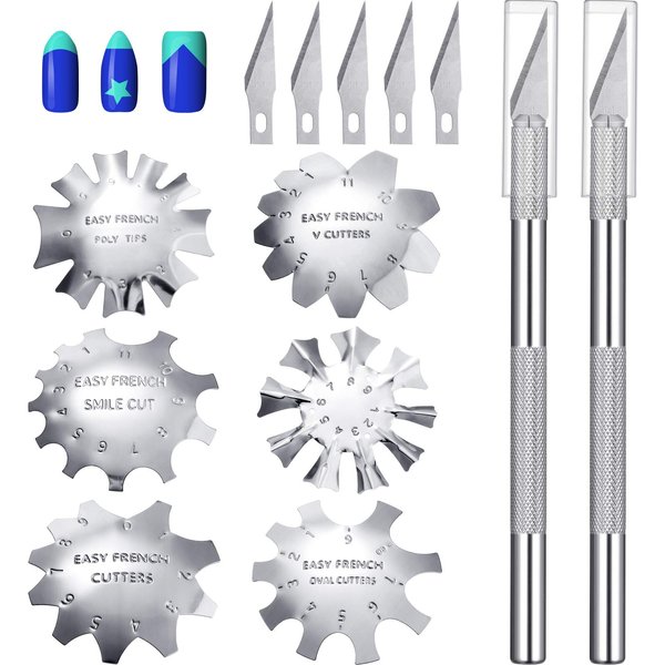 6 Pieces French Nail Trimmer Stainless Steel French Tip Cutters Smile Line Cutter Edge Manicure DIY Plate Module with 2 Handles French Tip Cutting Knife and 5 Spare Blades for Acrylic Nails (Silver)
