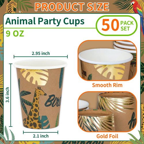 DYLIVeS Animal Birthday Paper Cups, Jungle Safari Disposable Cups Zoo Wild Woodland Summer Tropical Cups Brown and Gold Foil Drink Cups Kids Party Cups for Birthday Party Supplies, 9 OZ, 50 Count