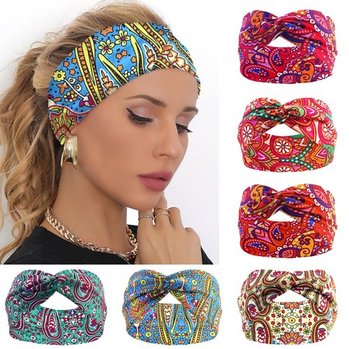 SAWINDA 6 Pack Boho Headbands for Women Short Cashew FlowersTwist Knotted Head Bands Elastic Stretchy Hair Bands Non-Slip for Girls Vintage Knotted Head Wraps Turbans Yoga Workout Hair Accessories
