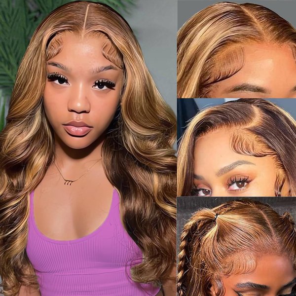 SKYDO Ombre Lace Front Wig Human Hair 4/27 Highlight Honey Blonde13x4 Hd Lace Front Wigs Human Hair Pre Plucked Body Wave Wig Human Hair 180 Density Glueless Wigs Human Hair Wigs for Women 20inch