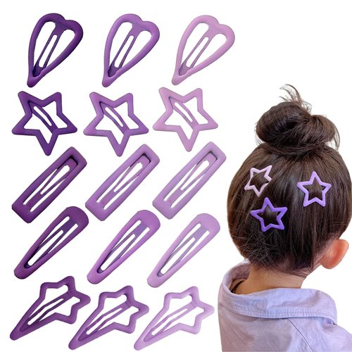15 PCS Snap Hair Clips Star Hair Clips No Slip Metal Hair Clip Barrettes Hairpins for Girls Geometric Pattern Cute Hair Clips（Purple）